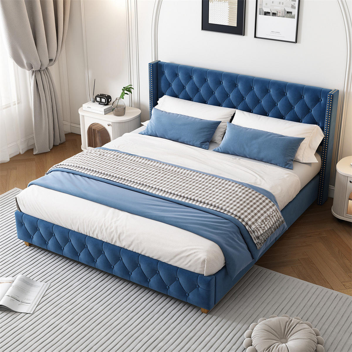 POLSTERBETT 160/200 cm in Blau Samt - Blau, Holz/Textil (160/200cm) - KOMHTOM