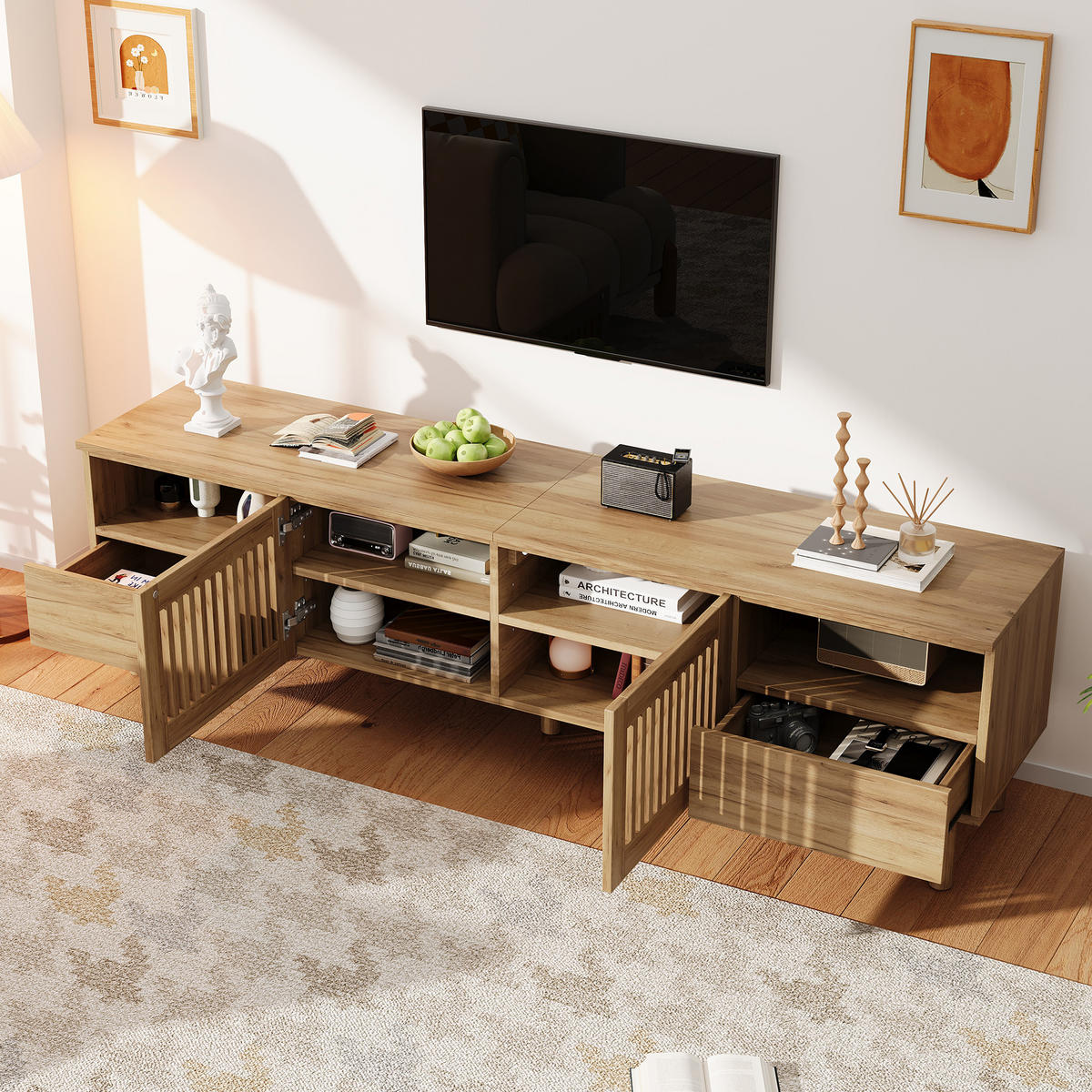 TV komoda 180/40/51 cm s rešetkastim vratima i ladicama u izgledu drva - prirodne boje/boje oraha, drvni materijal (180/51/40cm) - CHICFURN