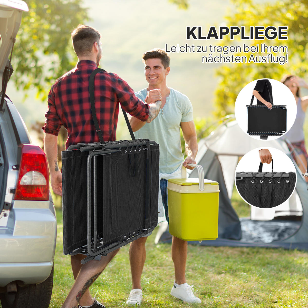 SONNENLIEGE klappbar Gartenliege mit Kopfkissen, 5-Fach verstellbare Rückenlehne - Schwarz, Textil/Metall (60/31/190cm) - Outsunny