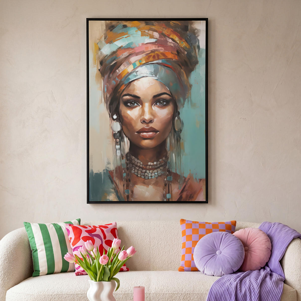 LEINWAND Bilder mit Rahmen - Frau - Kunst - Schmuck - Porträt - 80x120 - Blaugrau, Textil (80/120cm) - MuchoWow