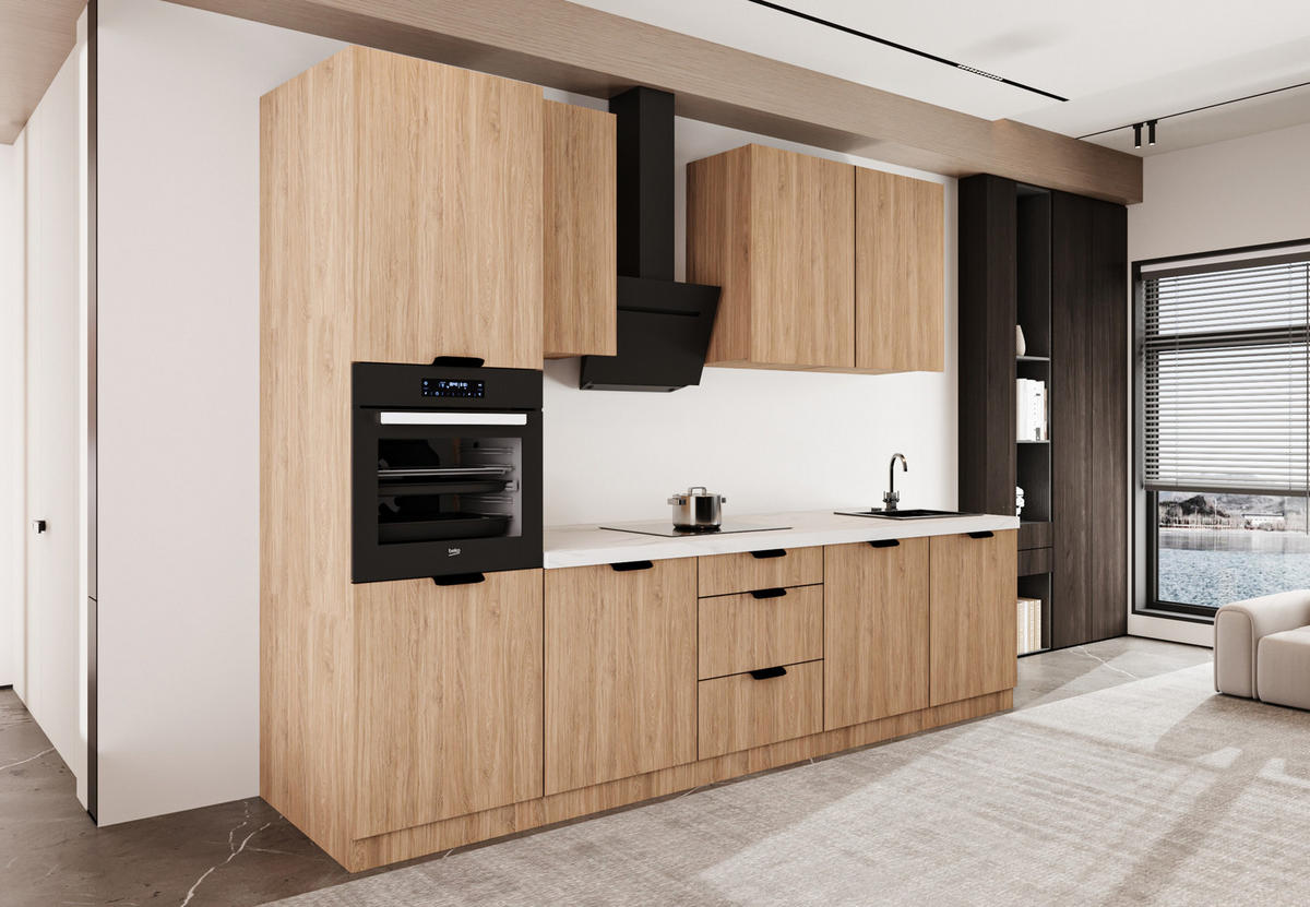 KÜCHENZEILE 300 cm - Sorento KS1-M300 - in Sonoma Eiche - Beige/Schwarz, Holz (300/247/58cm)