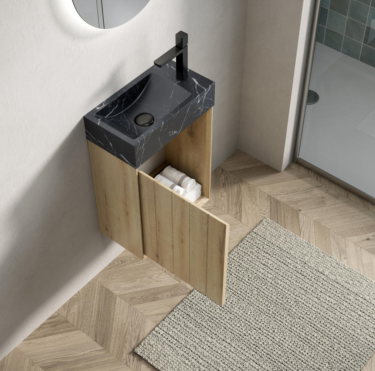 WASCHTISCH mit Marmorbecken kompakte Größe Marmor White Oak - Schwarz, Holzwerkstoff (22/58/40cm) - Beauniv