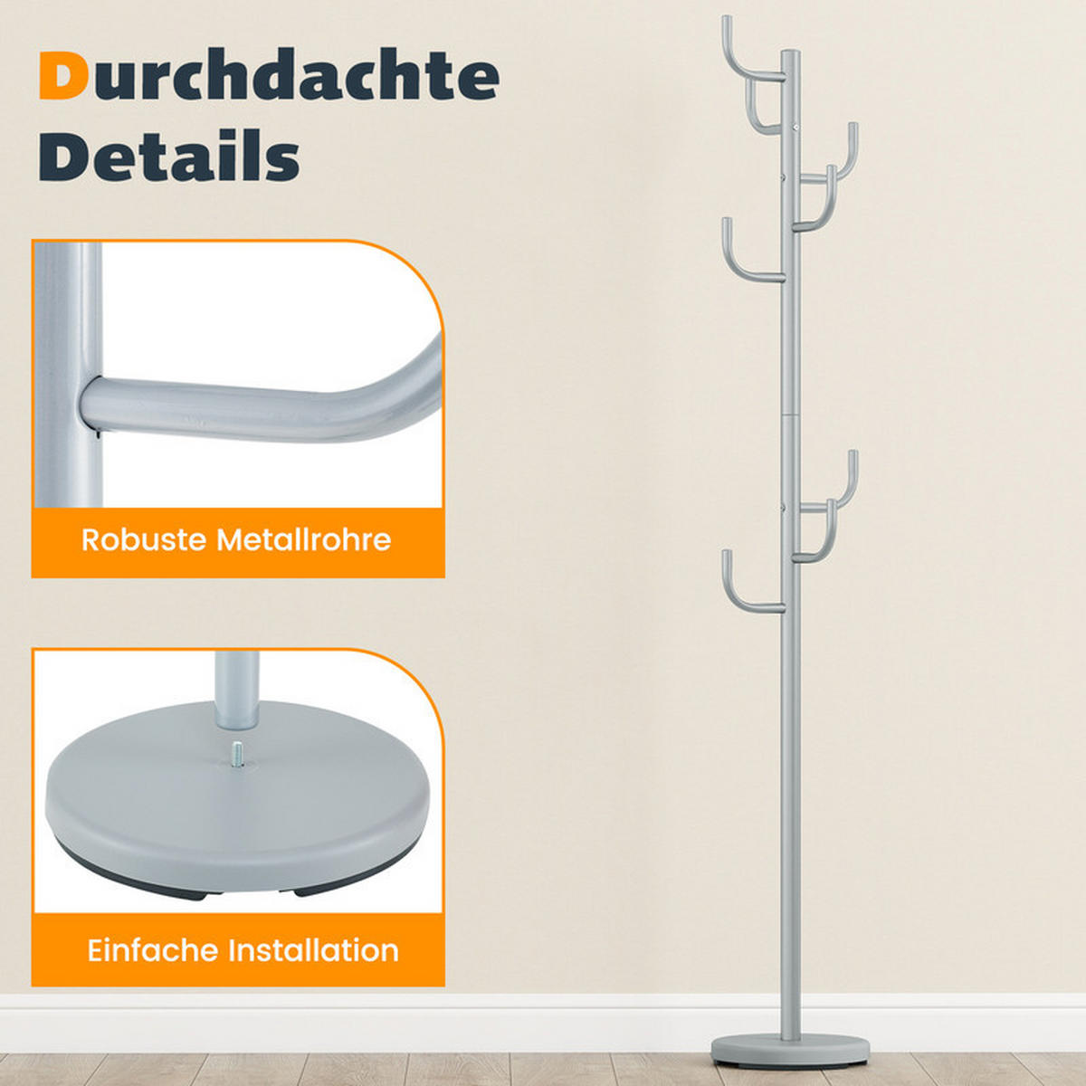 GARDEROBENSTÄNDER mit 8 Haken silber - Silberfarben, Metall (27/119/27cm) - COSTWAY