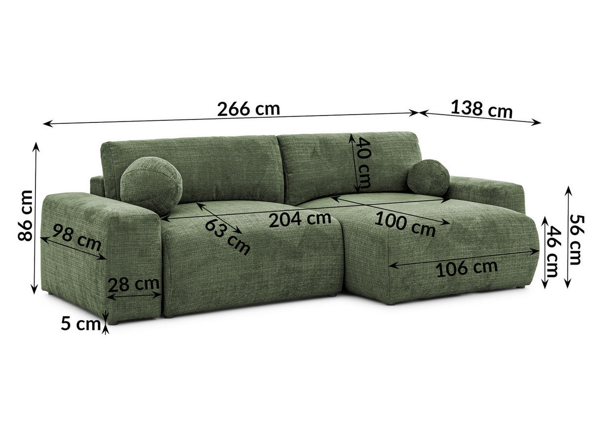 ECKSOFA Puffy mit Schlaffunktion und Bettkasten - besonders weich und puffig aus Grün Chenille-Stoff - Ottomane rechts - Schwarz/Grün, Holz/Kunststoff (266/138cm) - S-Style Möbel