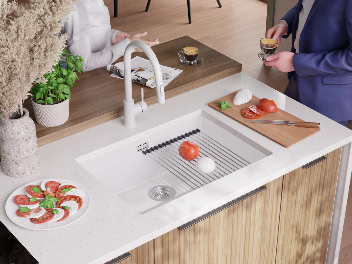 UNTERBAUSPÜLE GRANIT Praga, 2-er set Weiß 66/47 cm 1 Becken + Ablauf-Set + Aufrollbare Abtropffläche ab 70er Unterschrank - Chromfarben/Weiß, Kunststoff (66/20/47cm) - Primagran