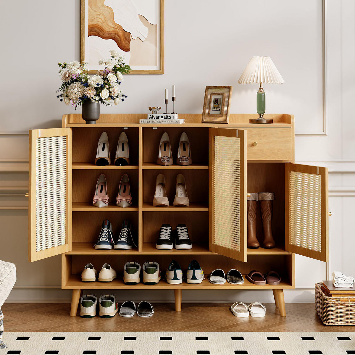 SCHUHSCHRANK Rattan mit 3 Türen Natural 120x35x106cm - Naturfarben, Holzwerkstoff (35/106/120cm) - FLIEKS