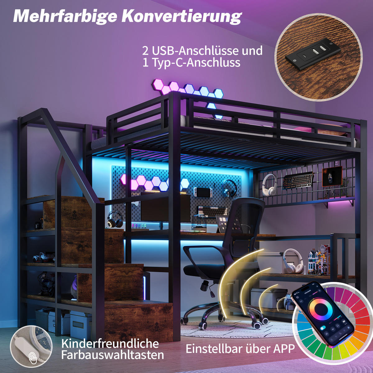 HOCHBETT 140/200 cm mit Schreibtisch, Regal, LED-Lichtleiste, USB und Typ-C, Metall/MDF, Schwarz - Schwarz, Metall (140/200cm) - Redom