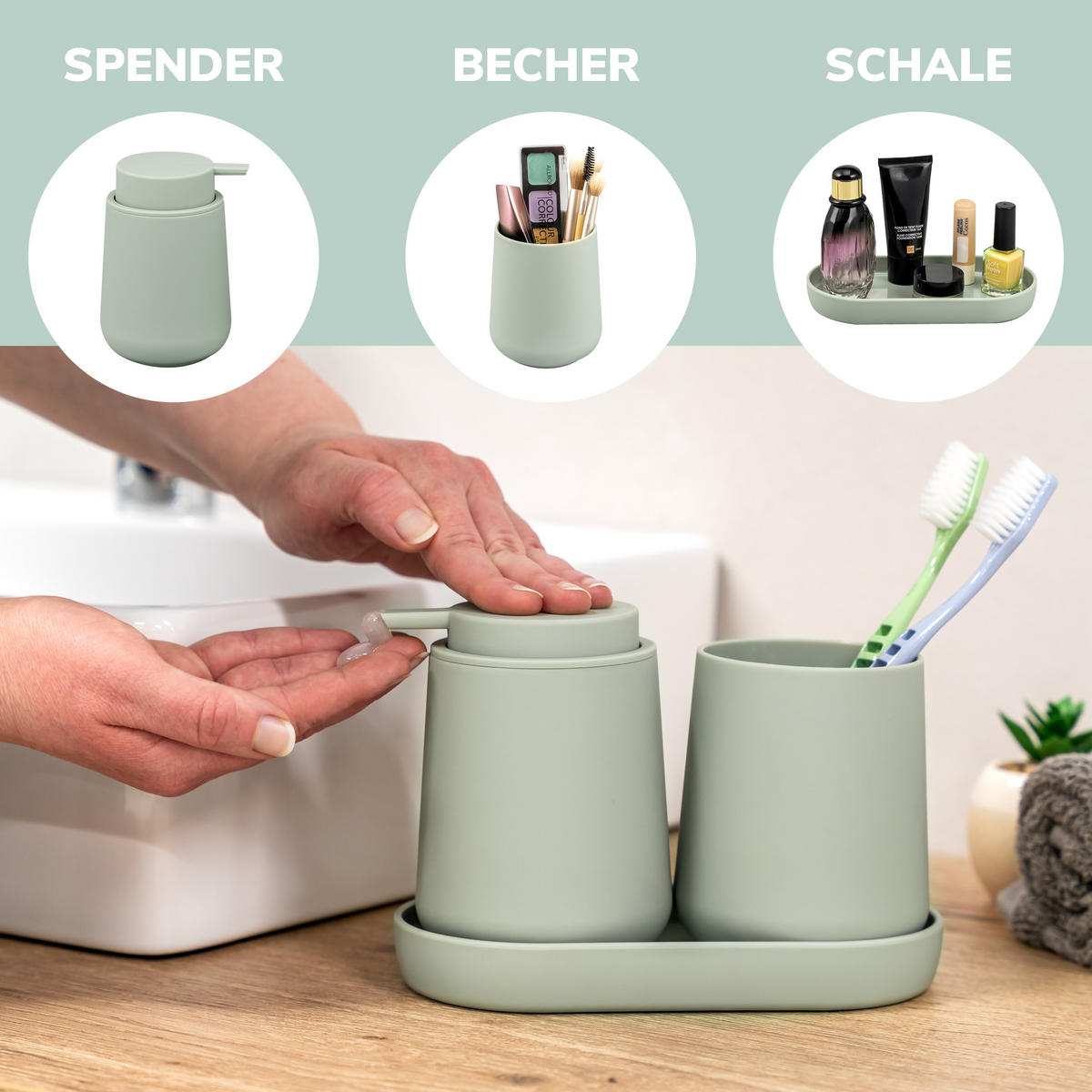 BAD-ACCESSOIRES-SET TESERO 3tlg., Soft-Touch, salbei - Salbeigrün, Kunststoff (18.5/13.5/10cm) - eluno