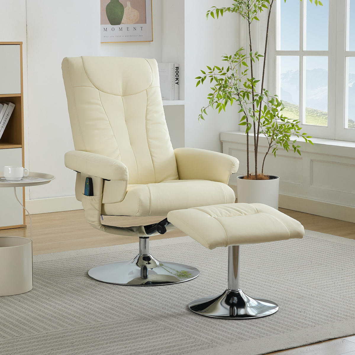 RELAXSESSEL PU mit Massage und Sitzheizung inklusive Hocker 76/75/103 cm Beige - Beige, Kunststoff (75/103/76cm) - Redom