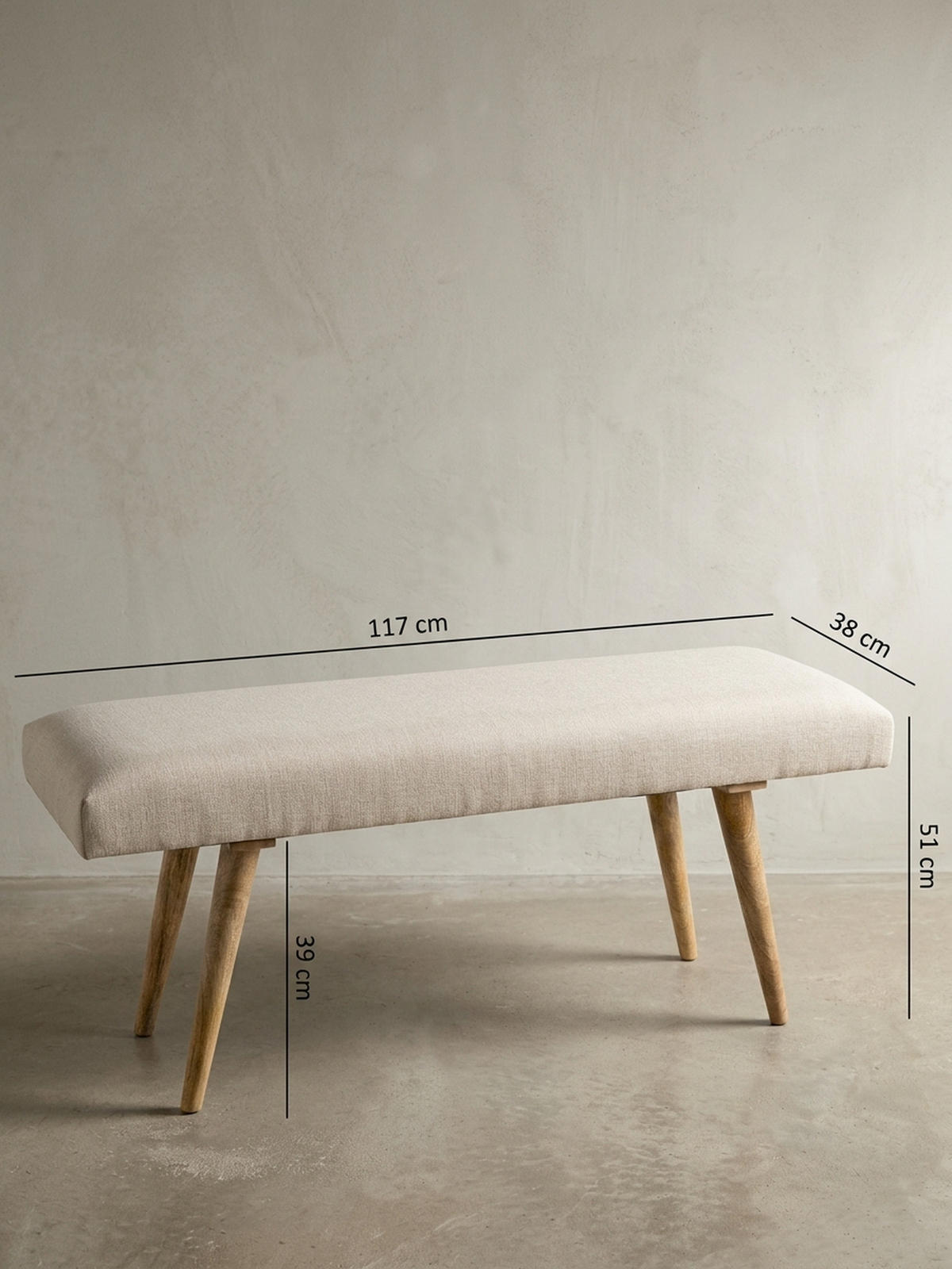 SITZBANK SILE Retro Stil Stoffbezug Massivholz, Beige 117x38x51 cm - Beige/Braun, Mangoholz/Textil (117/51/38cm) - KADIMA DESIGN