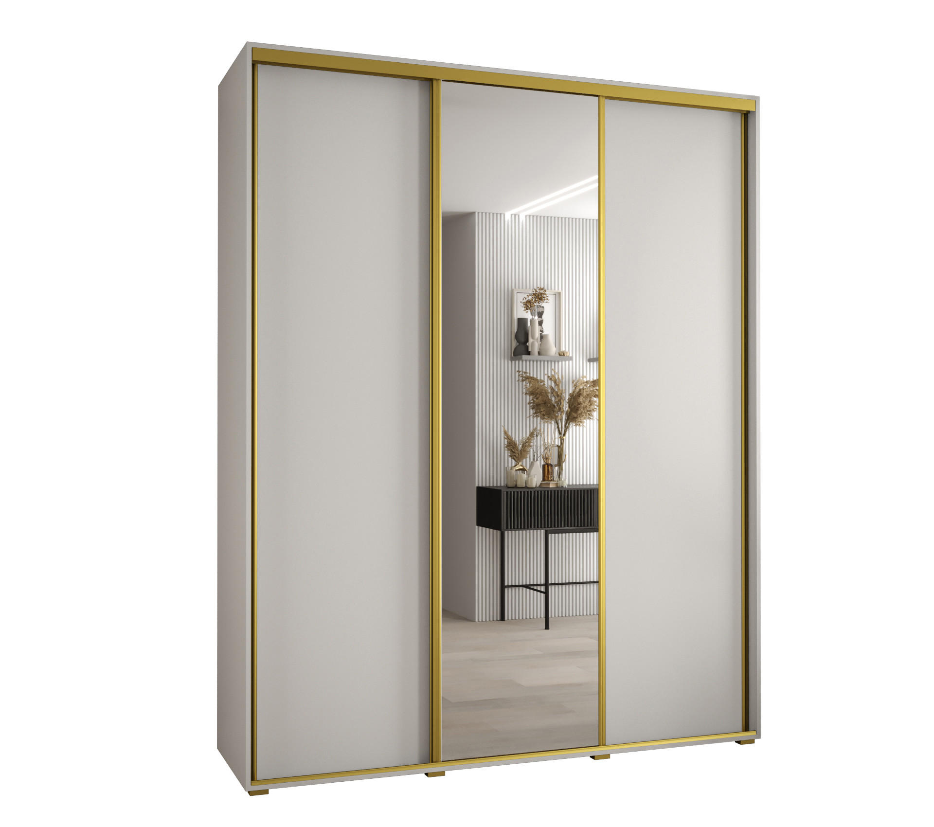 Abiks Möbel Schwebetürenschrank Weiß, Weiß, Gold 200x235x60 cm