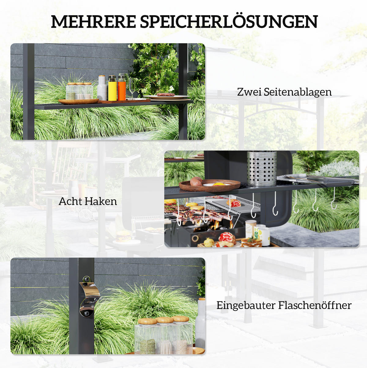 GRILLPAVILLON 243/148/248 cm dunkelgrau aus Metall mit LED - Dunkelgrau, Metall (243/248/148cm) - OKWISH