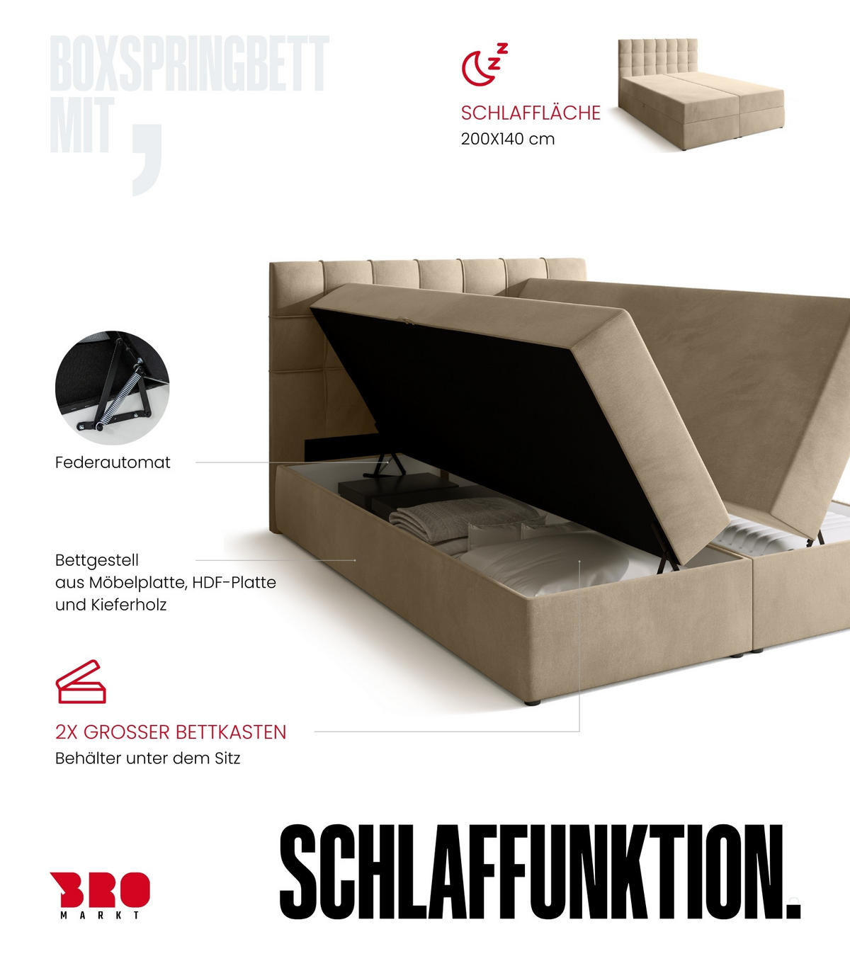 BOXBETT Detroit mit Topper 140/200 Beige - Beige, Holzwerkstoff/Textil (140/200cm) - Bromarkt
