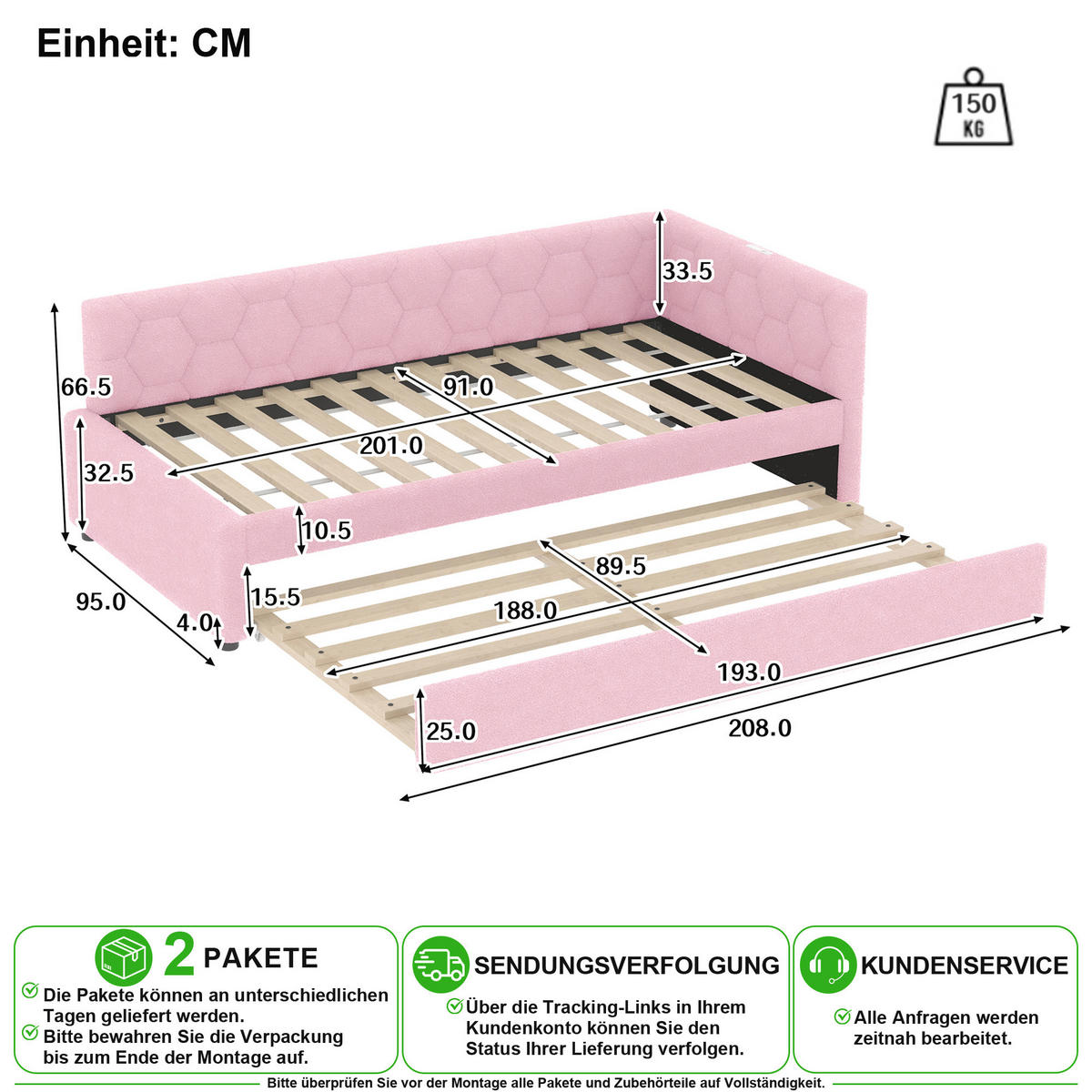 BETT 90/200 cm & 89,5/188 cm in Rosa mit Ausziehbett, USB, Type-C und Leselampe - Rosa, Holzwerkstoff/Textil (90/200cm) - CHICFURN