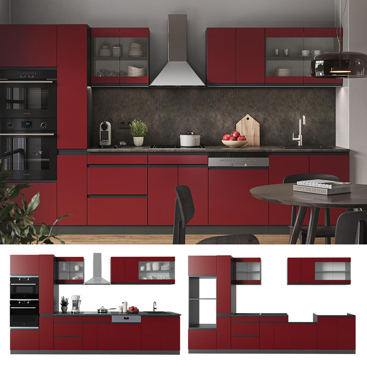 KÜCHENZEILE R-Line Rot/Anthrazit 350 cm J-Shape mit Hochschrank ohne AP - Rotbraun/Anthrazit, Holzwerkstoff (350/81.6/46cm) - Vicco