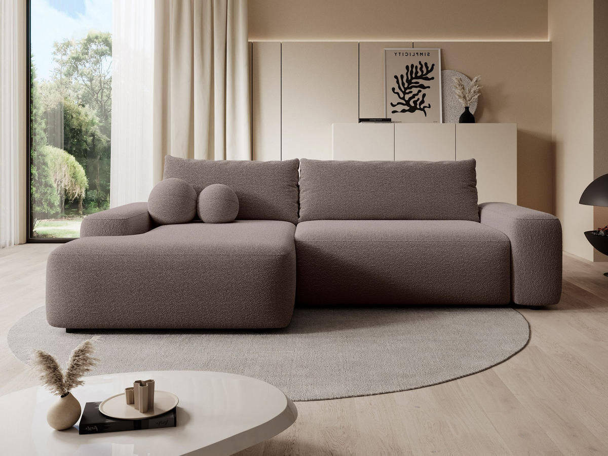 ECKSOFA RUOTA Braun Boucle-Stoff mit Schlaffunktion - Braun, Holz (264/162cm) - MASSENO