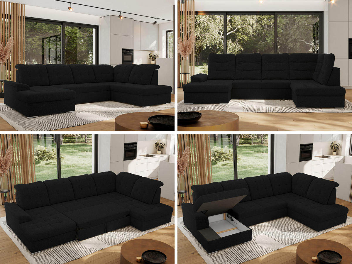 WOHNLANDSCHAFT MADRITO U - Schwarz Boucle - Rechts - Silberfarben/Schwarz, Textil/Metall (323/89/204cm) - MKS