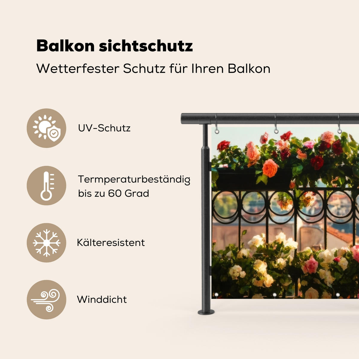 BALKON-SICHTSCHUTZ Blumen - Zaun - Stadtbild - Sommer - Pink, Kunststoff (300/110cm) - MuchoWow