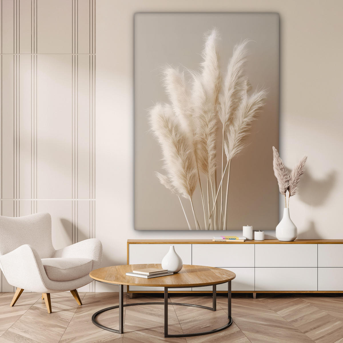 LEINWANDBILD Pampasgras - Federn - Pastell - Weiß Deko Groß 90x140 cm - Naturfarben, Textil (90/140cm) - MuchoWow