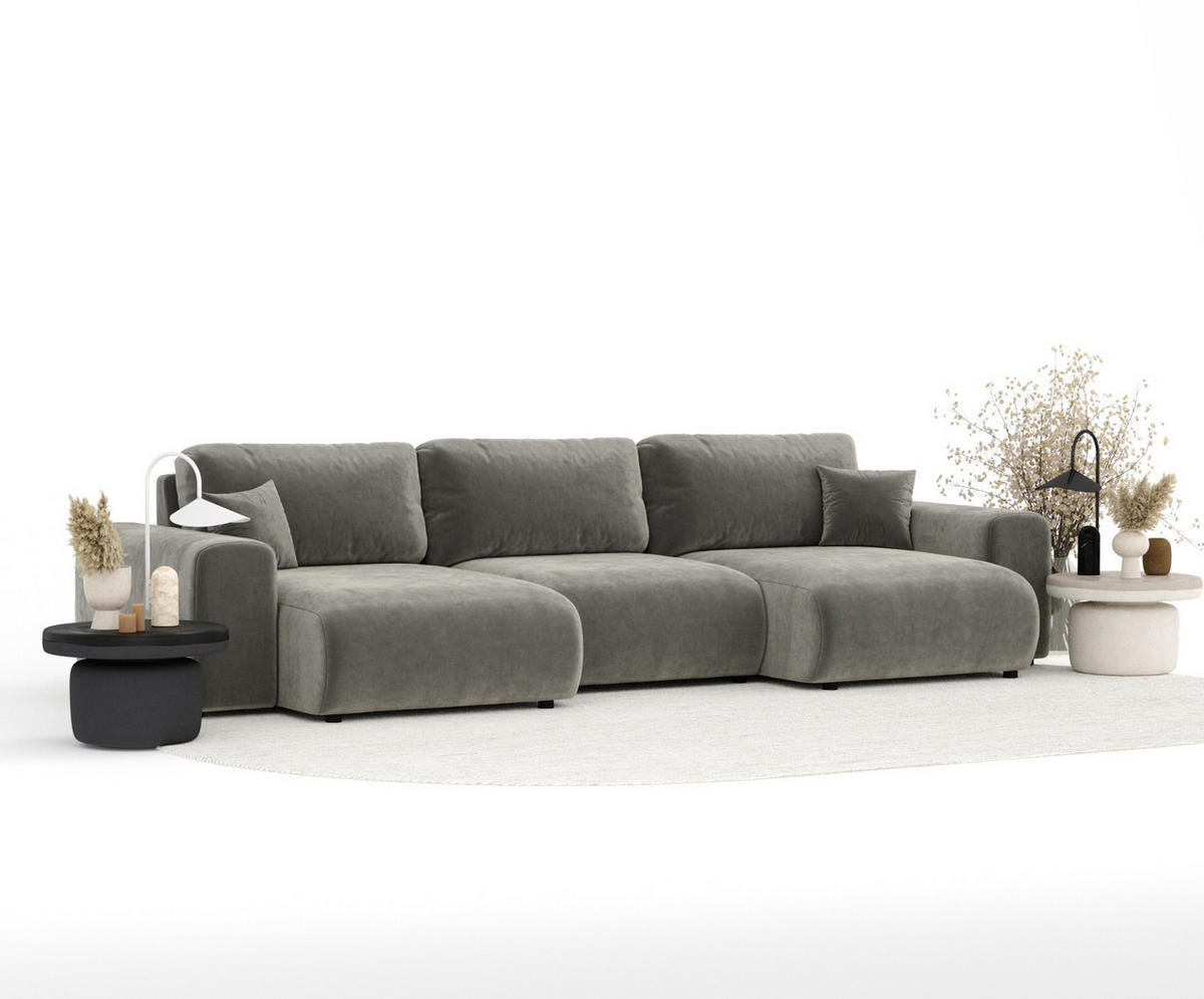 PANORAMASOFA Zanzibar Grau Samtstoff - Schwarz/Grau, Holz/Holzwerkstoff (325/79/144cm) - Maison de Reve