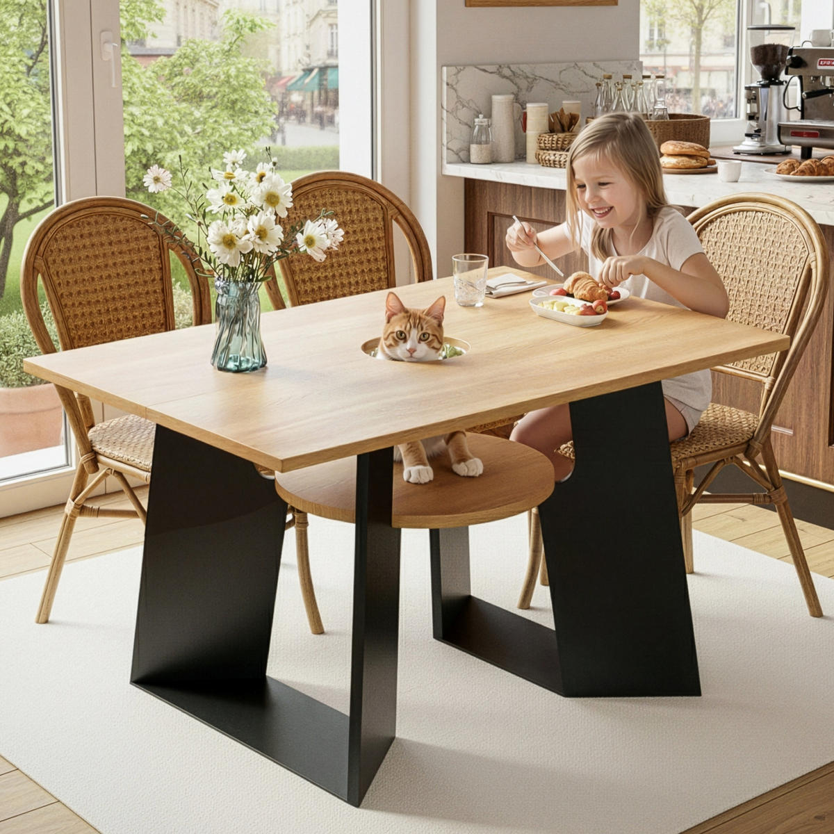 ESSTISCH in Naturholz-Schwarz Mix Küchentisch mit Haustierbereich für Küchen oder Wohnzimmer, L130/B85/H75cm - Schwarz/Naturfarben, Holzwerkstoff (85/130/75cm) - STILVORA
