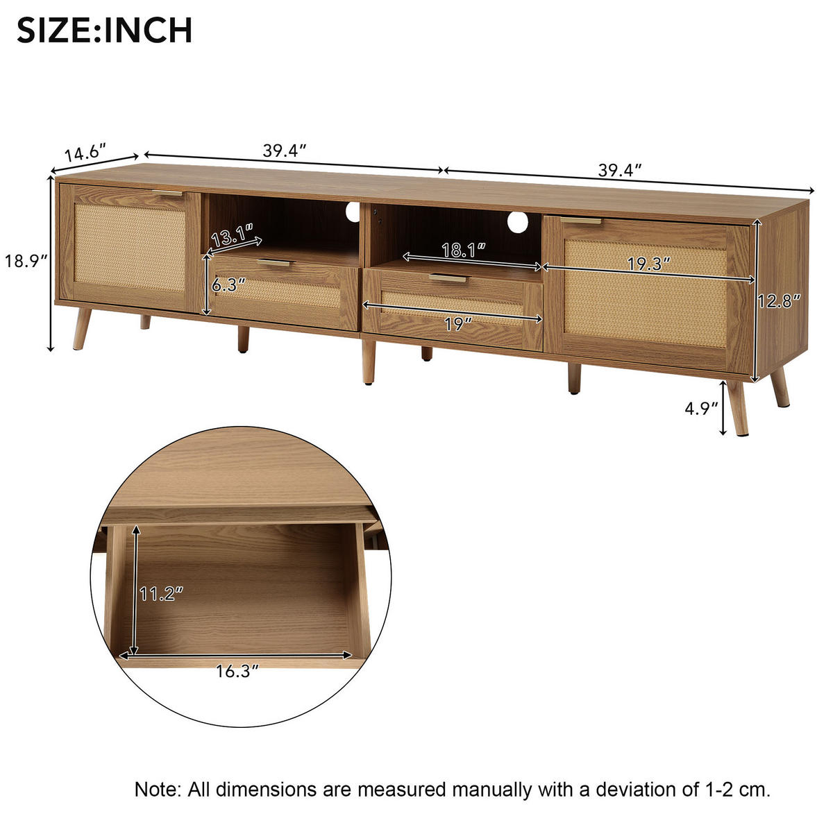 TV-SCHRANK mit Rattendesign 200 x 37 x 49 cm Oak - Braun, Holzwerkstoff (37/49/200cm) - Beauniv