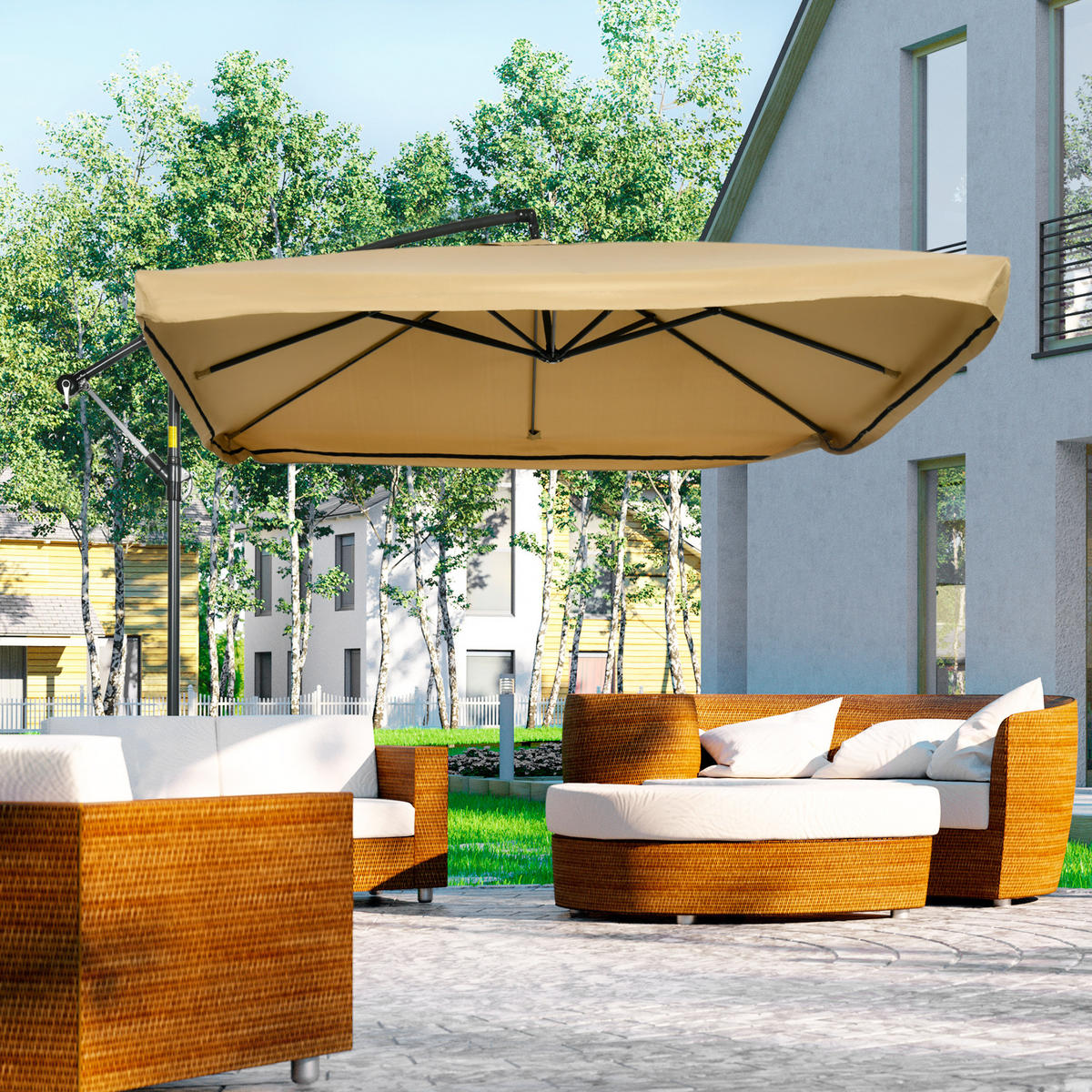 AMPELSCHIRM DE-05691 Mit Moskitonetz & Handkurbel Weiß/Schwarz - Beige, Metall (295/295cm) - ComfortXL