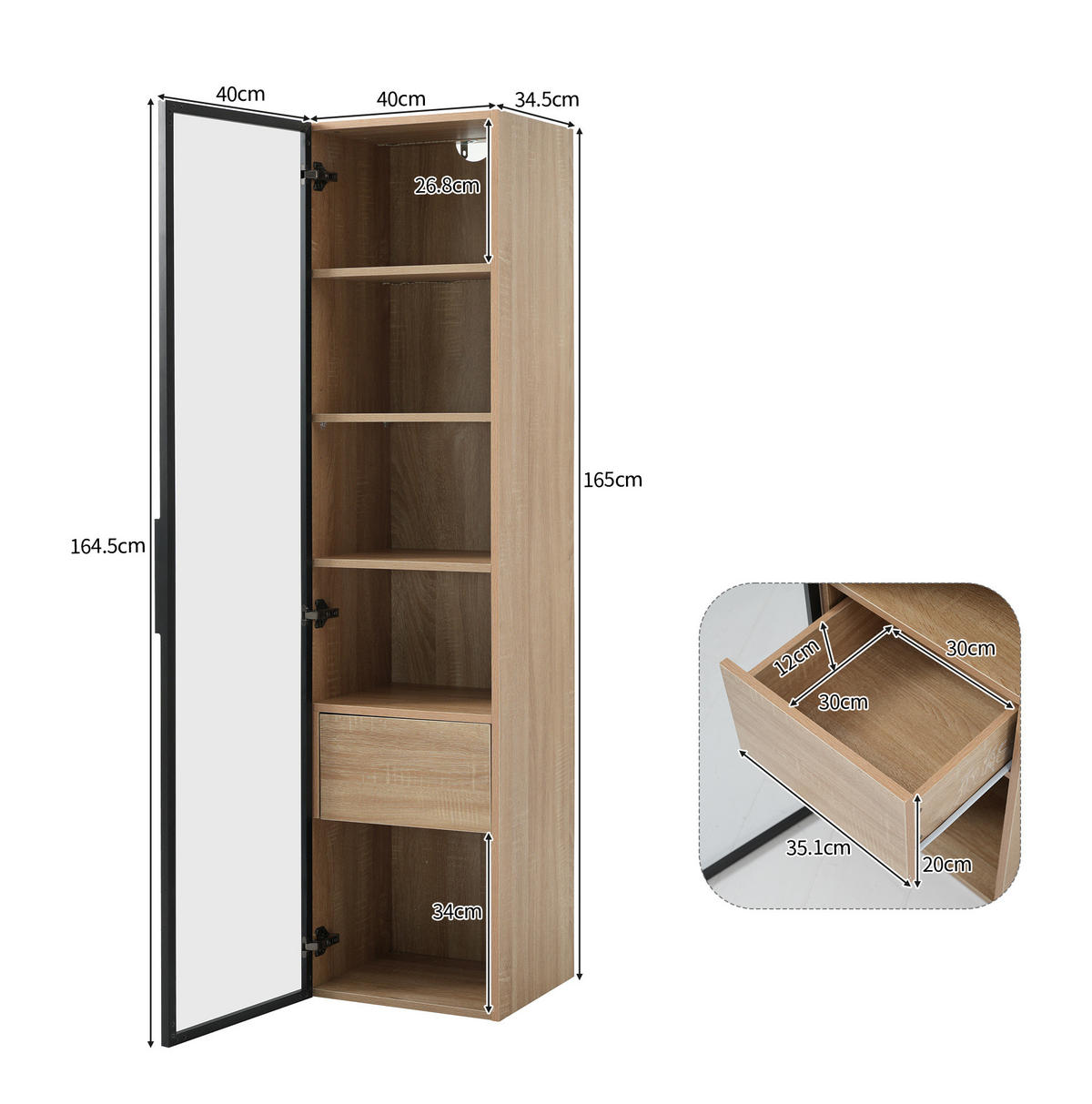 HOCHSCHRANK 40 cm aus MDF mit Lichtleiste und Glastür Naturfarben - Naturfarben, Holzwerkstoff (40/165/34.5cm) - Modenvie