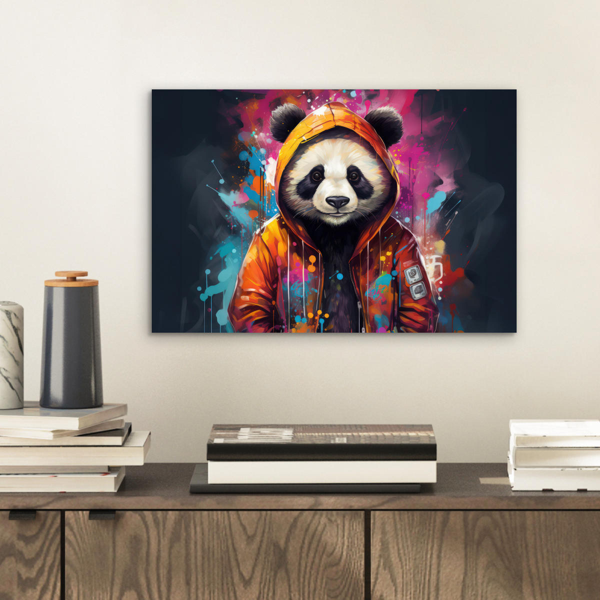 METALLBILD Panda - Jacke - Graffiti - Orange 30x20 cm - Orange, Metall (30/20cm) - MuchoWow