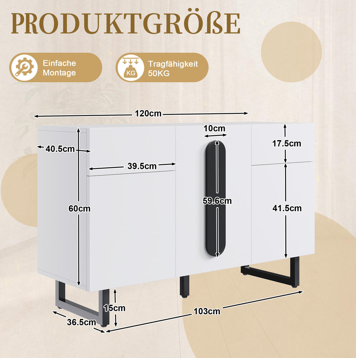ŠIROKÁ komoda z kompozitného dreva, 120/40,5/75 cm, biely s kovovými nohami - biela, kompozitné drevo (120/75/40.5cm) - BEAOK