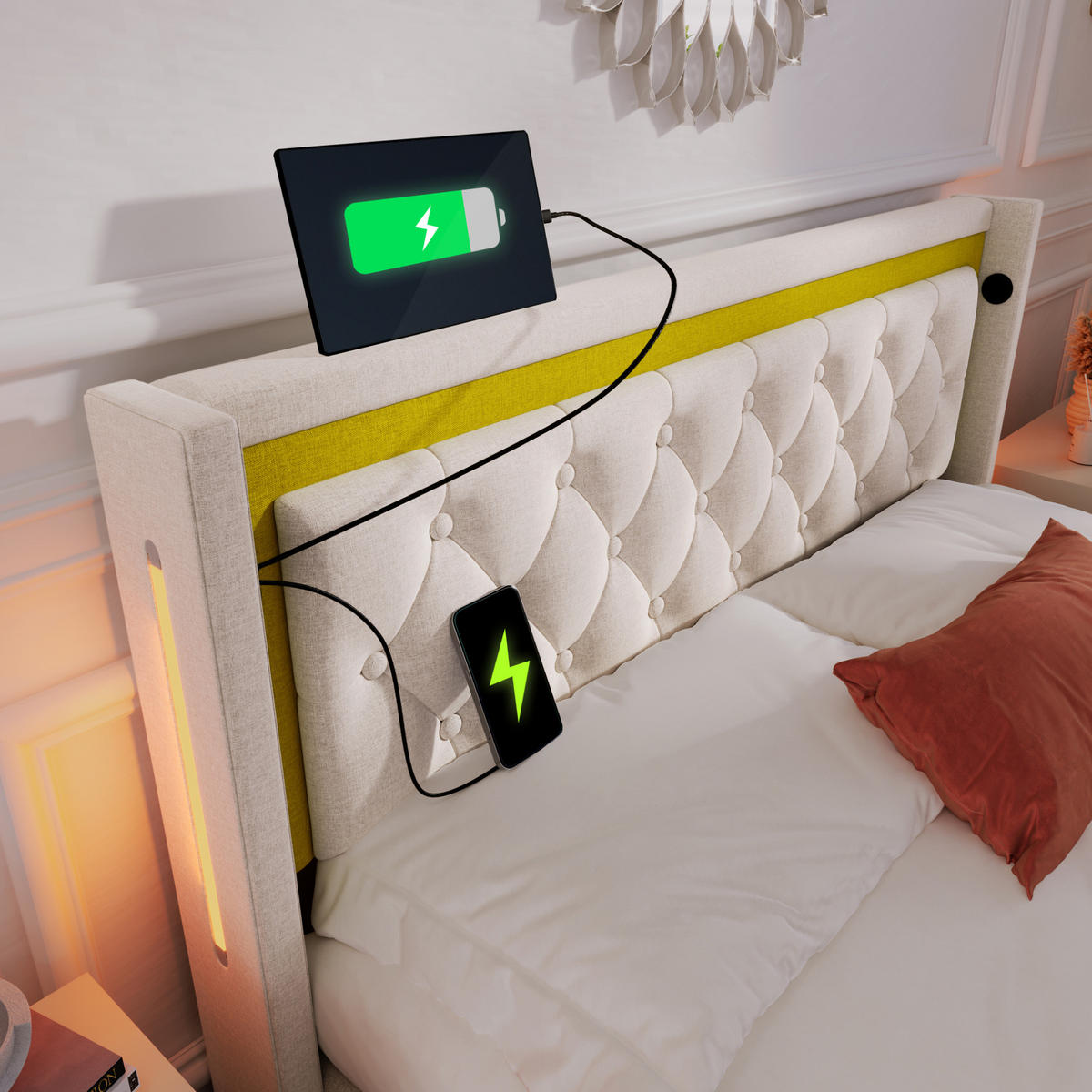 ČALÚNENÁ posteľ 140/200 cm, svetlobéžová bavlna, s LED osvetlením a USB-C - béžová, textil (140/200cm) - BEAOK