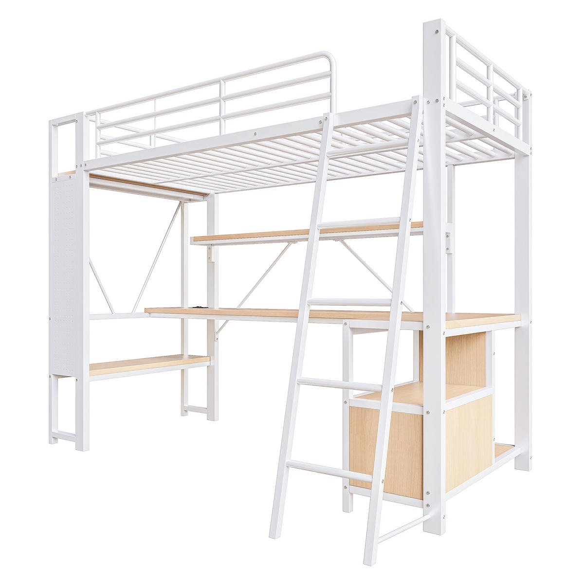 HOCHBETT aus Metall und MDF 90x200 cm Weiß mit Schreibtisch, LED-Beleuchtung, USB-Anschlüssen und Stauraum - Weiß, Metall (90/200cm) - IVMEU