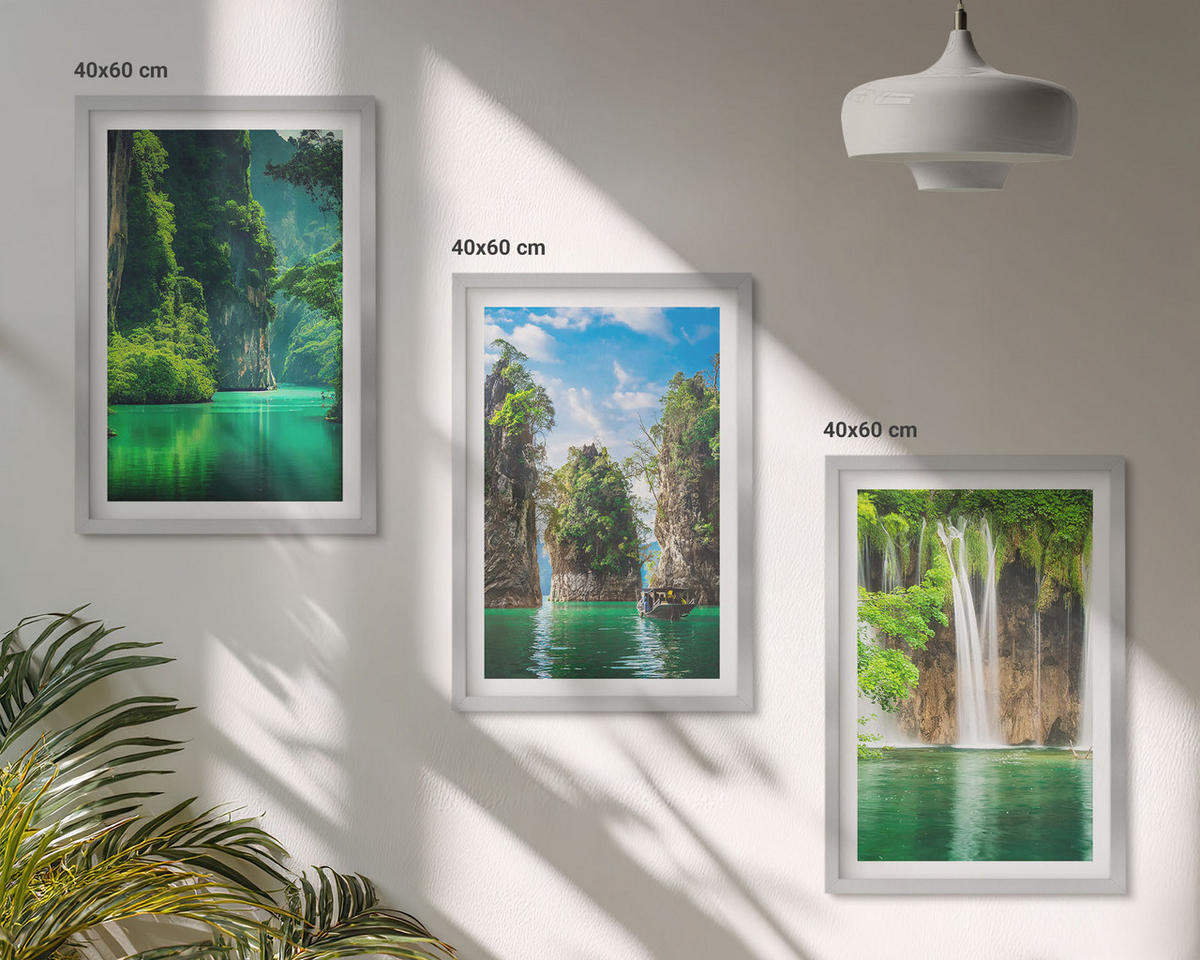 WANDBILDER 3er Set - 40x60 cm Silberner Rahmen - Grüne Landschaften, Wasserfälle - Silberfarben, Kunststoff (40/60cm) - ArtPrintCave