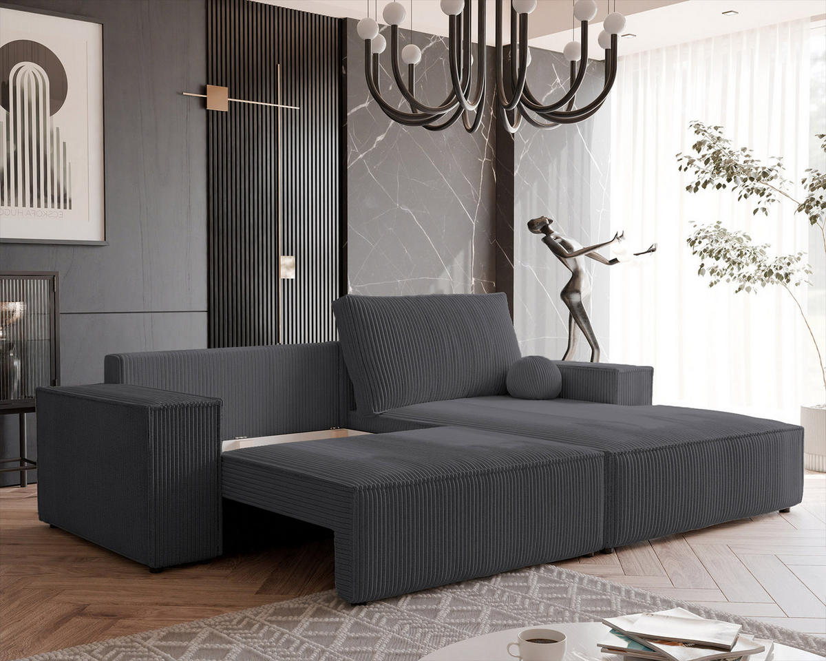 ECKSOFA HUGO Rechts, mit Schlaffunktion und Bettkasten, Dunkelgrau - Dunkelgrau, Textil (255/148cm) - Idohome