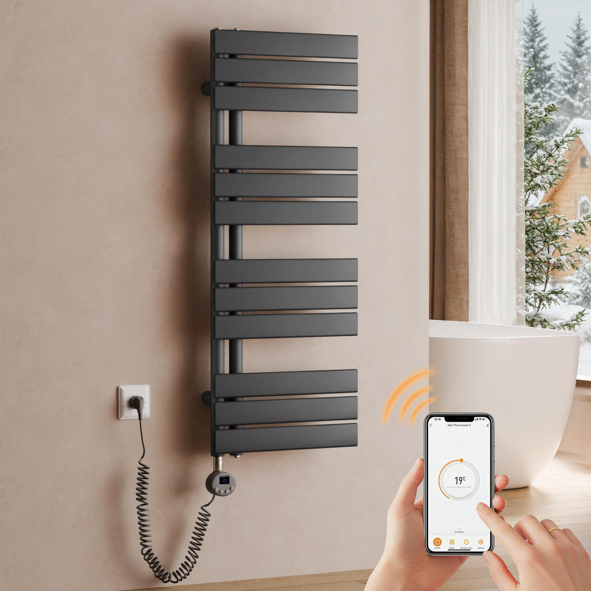 HANDTUCHHEIZKÖRPER 104,1/40 cm anthrazit elektrisch 400 W mit WLAN-Thermostat - Anthrazit, Metall (40/104/5.9cm) - S'AFIELINA