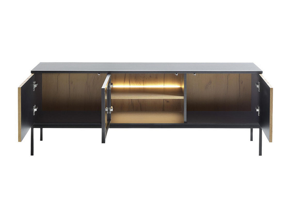 TV-MÖBEL - 3 Türen - mit LED-Beleuchtung - MDF & Rauchglas - Schwarz & Holzfarben - OVILA - Schwarz, Holz (153.4/56.2/39cm) - Vente-Unique