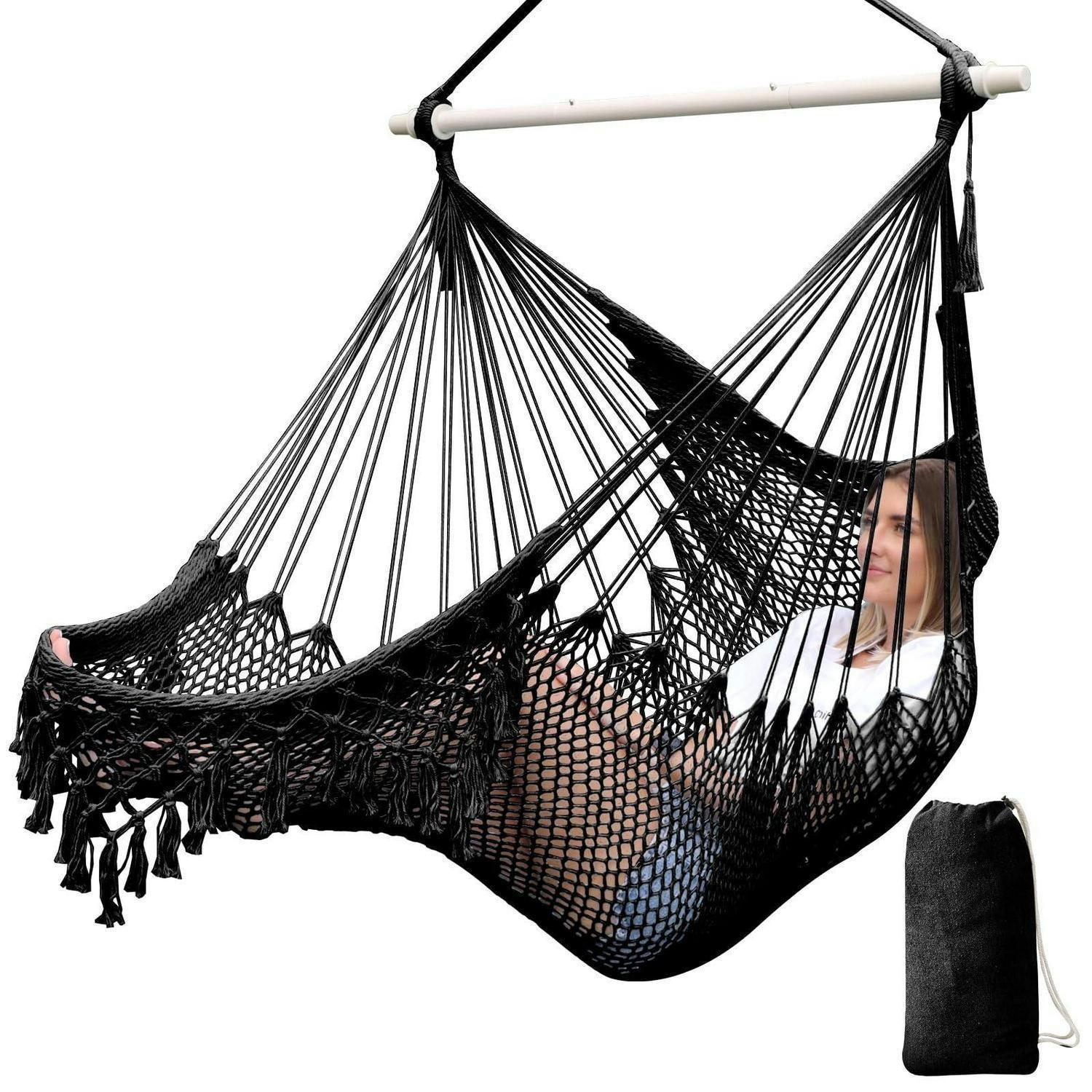 HÄNGESESSEL Baumwolle handgewebt mit Spreizstange 100 cm Schwarz - Schwarz, Textil (80/1.5/240cm)