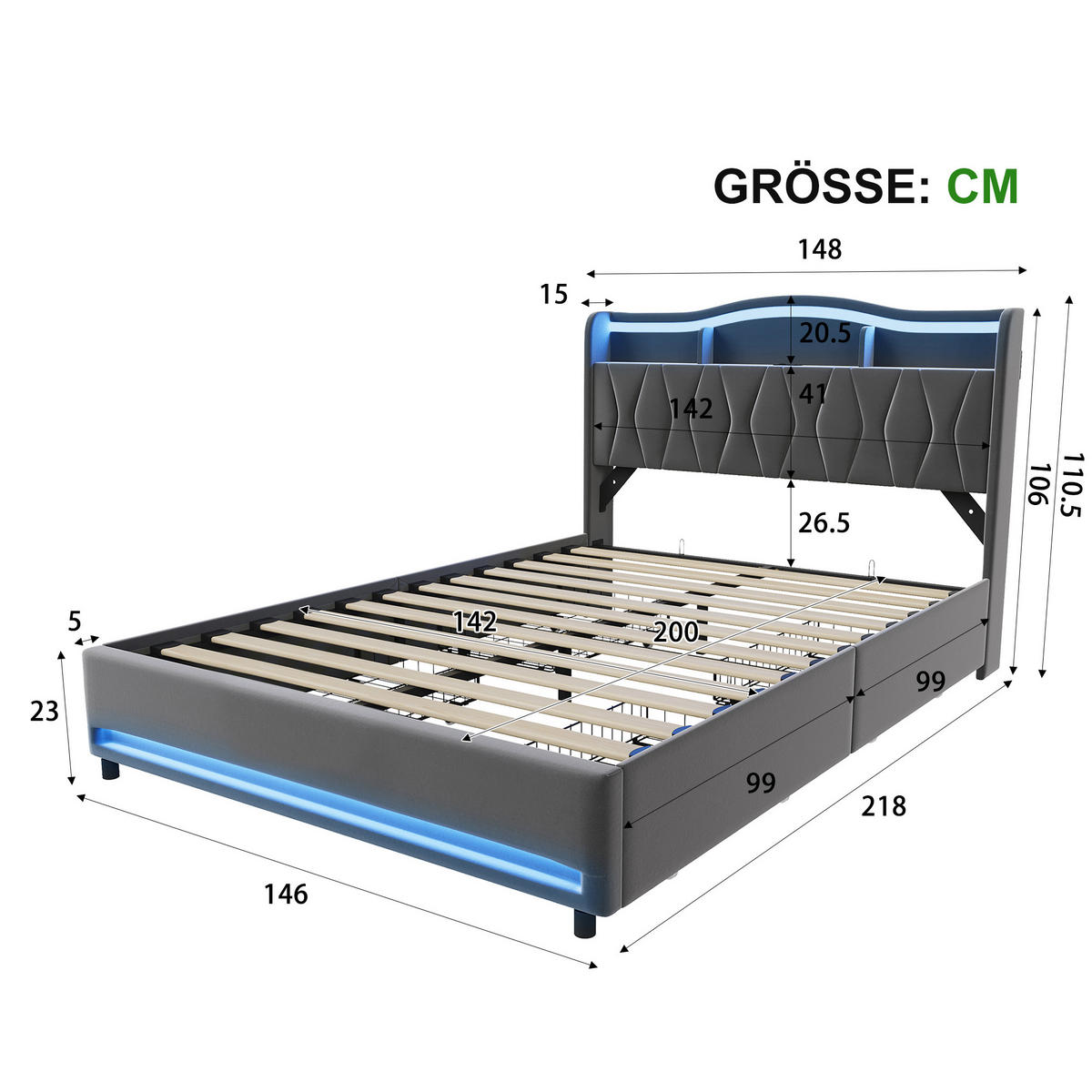 POLSTERBETT 140x200 mit stauraum, doppelbett mit LED, 4 Schubladen, Lattenrost, USB, Kopfteil, Samtstoff, Grau - Grau, Holz/Textil (140/200cm) - GENKI LIVING