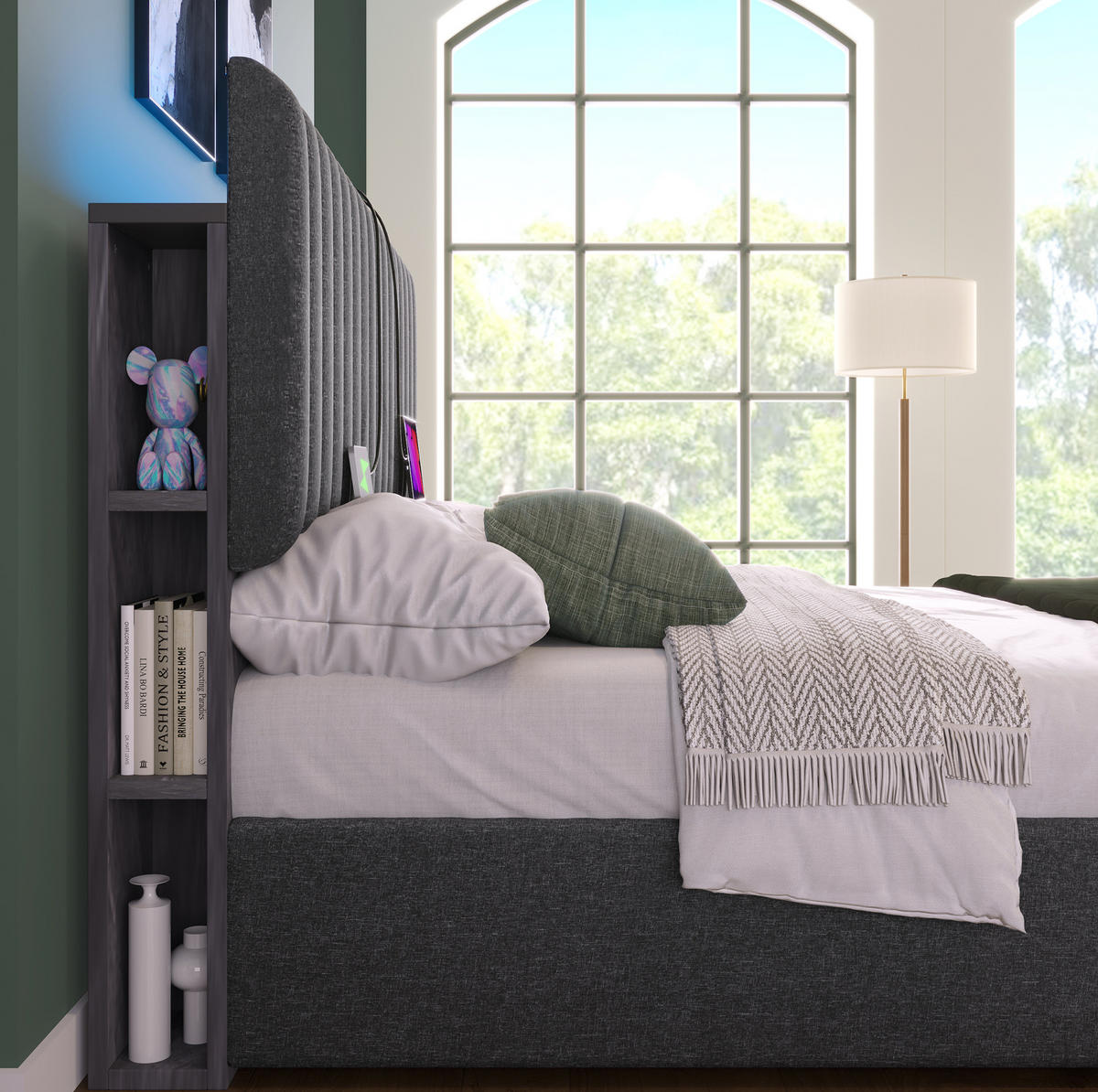 POLSTERBETT 140/200 cm mit LED-Beleuchtung, Bettkasten und verstellbarem Kopfteil - Grau, Textil (140/200cm) - BEAOK
