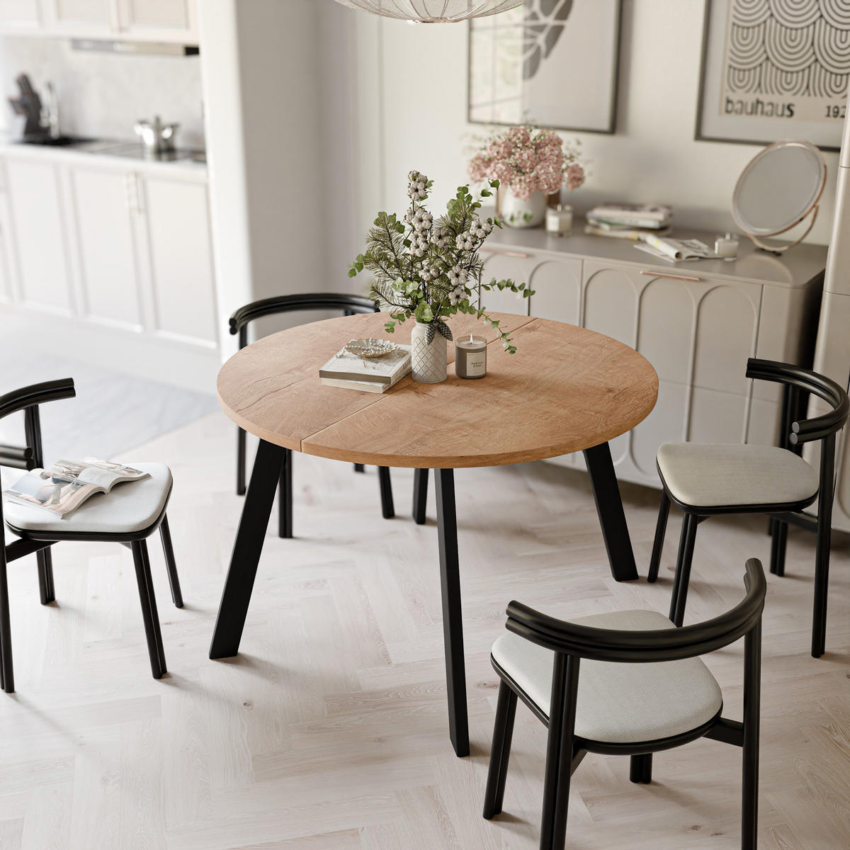 TISCH Schwarze Beine, MDF Tischplatte, Lefkas Eiche - Schwarz/Braun, Holzwerkstoff (100/100/76cm) - Idohome