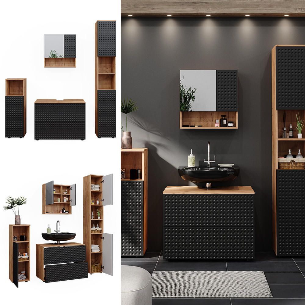 BADMÖBEL-SET Irma Anthrazit gepunktet 4 Teile - Anthrazit/Eiche Wotan, Holzwerkstoff (80/58/41cm) - Vicco