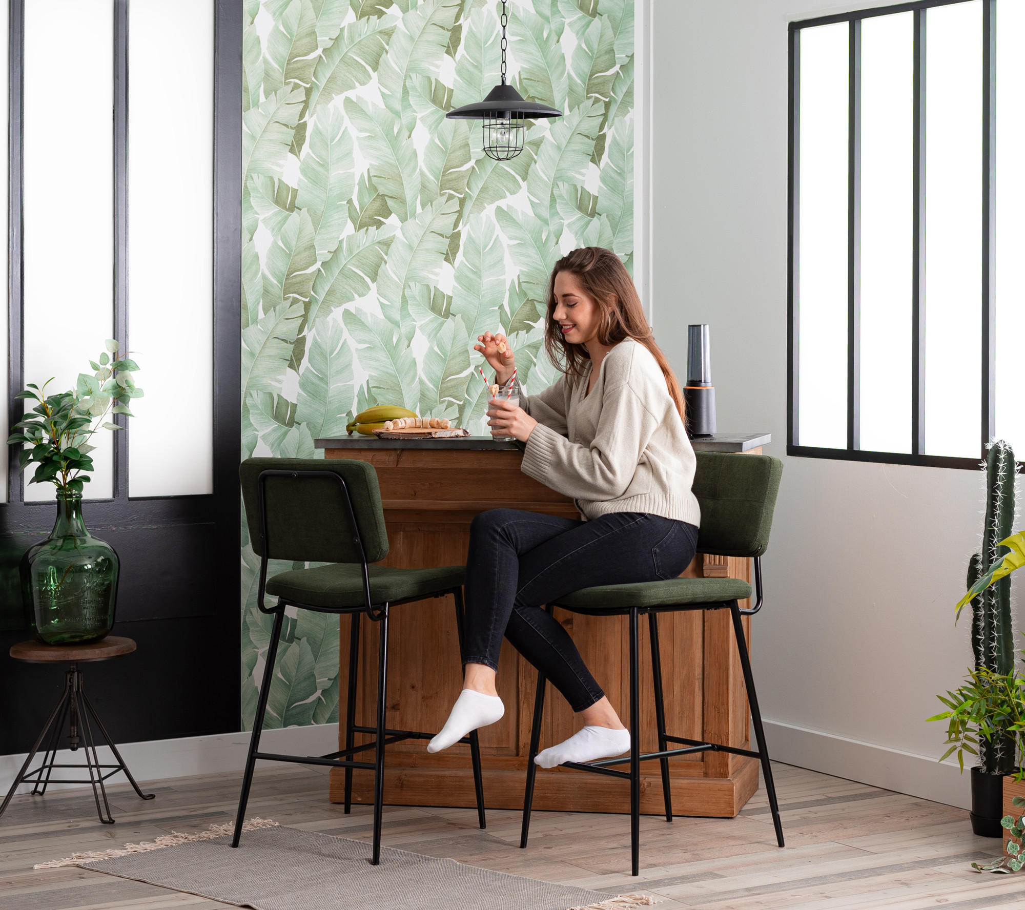 Thumbnail - Meubles Cosy Barhocker, Grün, Textil, 2-Sitzer, 46x102x52 cm, Esszimmer, Barmöbel, Barhocker