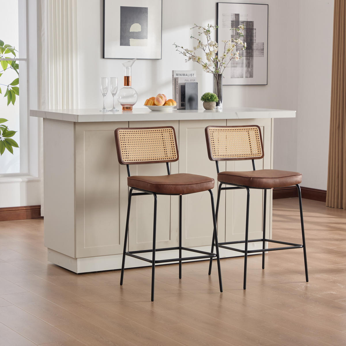 BARHOCKER DE-36881 2er-Set mit PU-Leder und Rattan-Optik Braun - Braun, Metall (59.8/96.5/46.2cm) - ComfortXL