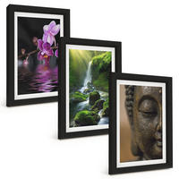 BILDER SET 3er Set - 20x30 cm Schwarzer Rahmen - Blumen, Wasserfall, Buddha-Felsen, Zen - Schwarz, Kunststoff (20/30cm) - TULUP