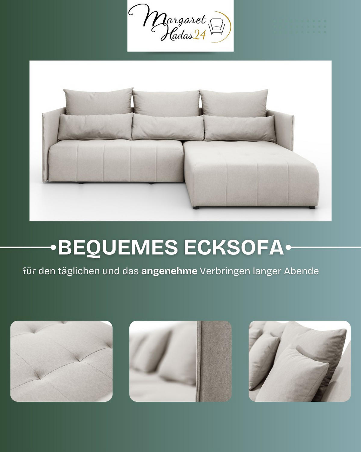 ECKSOFA L Form Hanna 246 x 188 cm mit Schlaffunktion und Bettkasten, 4 Sitzer, Bettzeugablage, Sofa, Eckcouch, beige, rechts - Beige, Kunststoff (188/246cm) - Margaret Hadas24