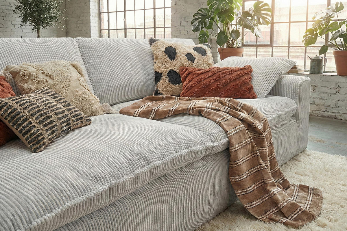 SOFA NETTA Hellgrau Cord - Hellgrau/Braun, Birkenholz/Textil (226/90/116cm) - KAWOLA