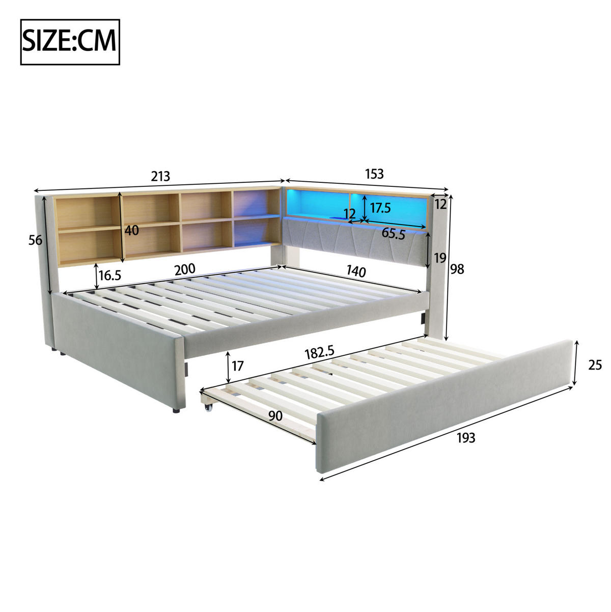 KREVET od flanela 140/200 cm s izvlačnim ležajem 90/190 cm, LED osvjetljenjem i pretincima, Svijetlosiva - svijetlo siva, tekstil (213/98/153cm) - Redom