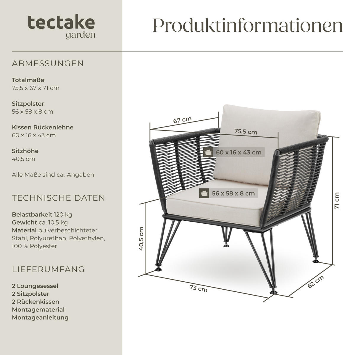 GARTEN-LOUNGESESSEL Sundo,75,5 x 67 x 71 cm,anthrazit - Anthrazit, Textil (75.5/71/67cm) - tectake