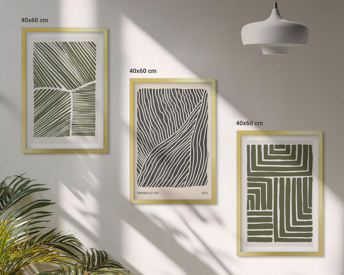 WANDBILDER 3er Set - 40x60 cm Goldrahmen - Muster Linien Formen grün - Goldfarben, Kunststoff (40/60cm) - ArtPrintCave