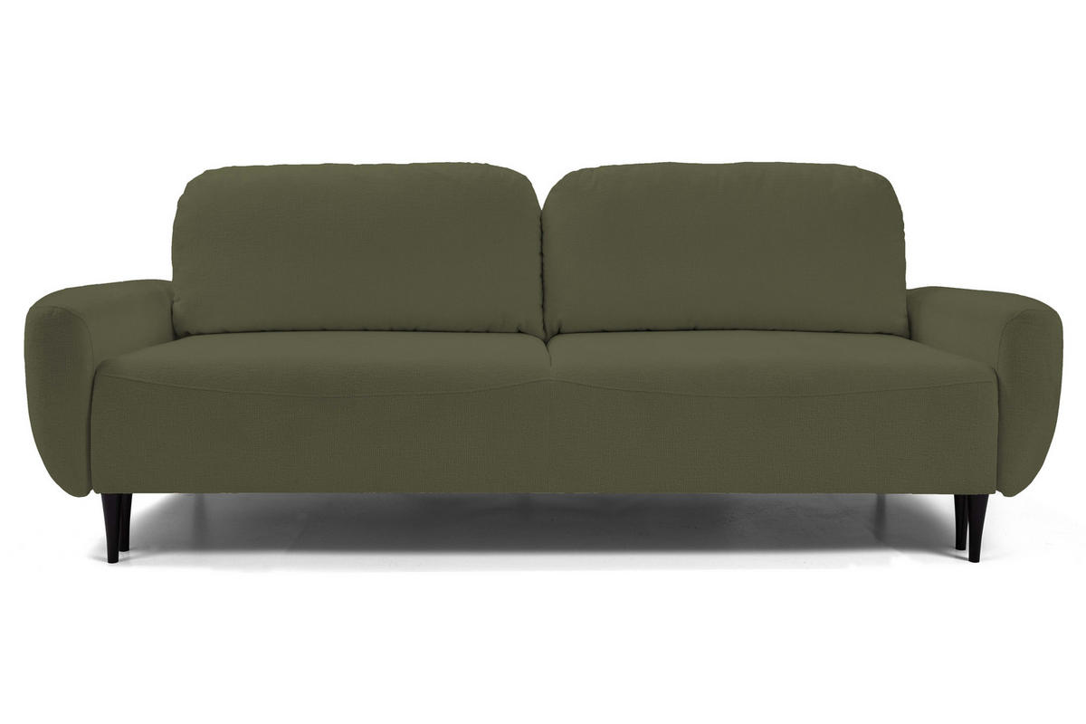 SOFA BOHO Mit Schlaffunktion Und Bettkasten, Wellenfederung, PUR-Schaum, Holzfüße, lose Rückenkissen, freistehend, 244x102x92 cm Olive green - Olivgrün, Holz/Textil (244/92/102cm) - DomoHome